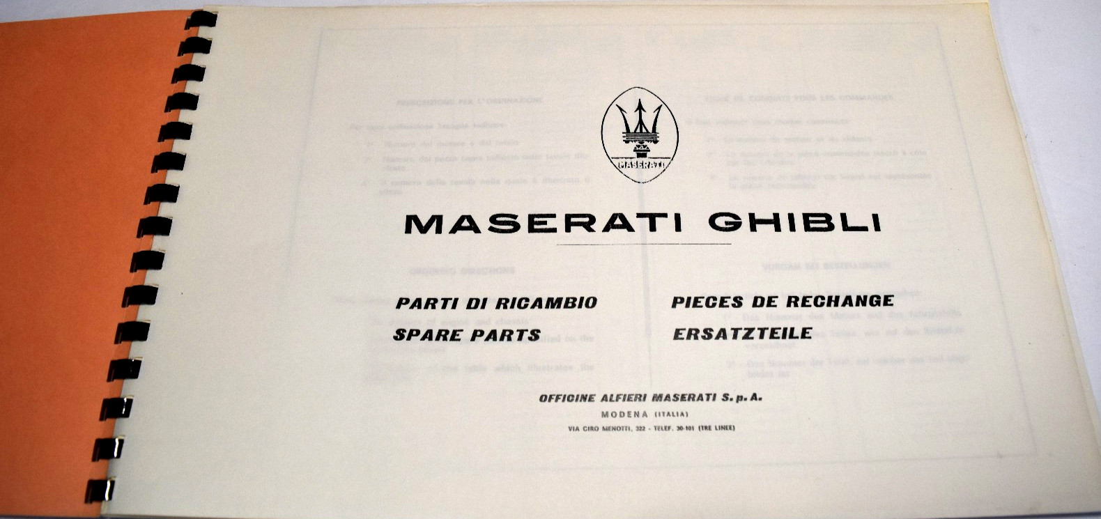 Vintage Maserati Ghibli Parts Manual COPY *VERY GOOD*