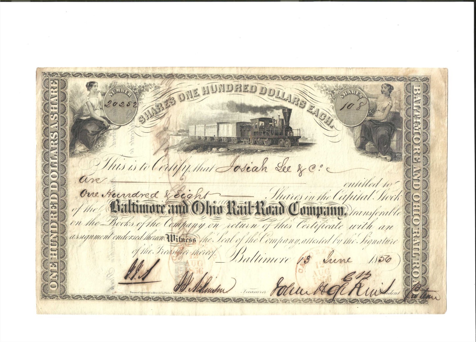 Excellent Johns Hopkins ~ Signed /Autographed 1856 B&O RR Stock Certificate Excellent Johns Hopkins ~ Signed /Autographed 1856 B&O RR Stock Certificate