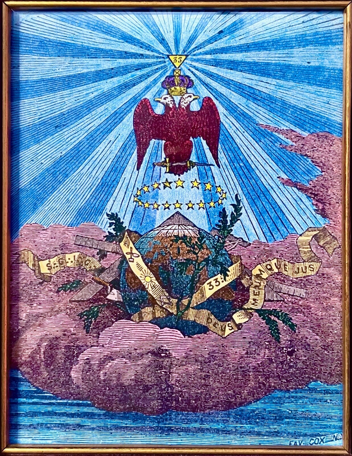 MASONIC 33RD DEGREE OVER THE WORLD MODERN PRINT FROM A 19TH C ENGRAVING * A&ASR MASONIC 33RD DEGREE OVER THE WORLD MODERN PRINT FROM A 19TH C ENGRAVING * A&ASR