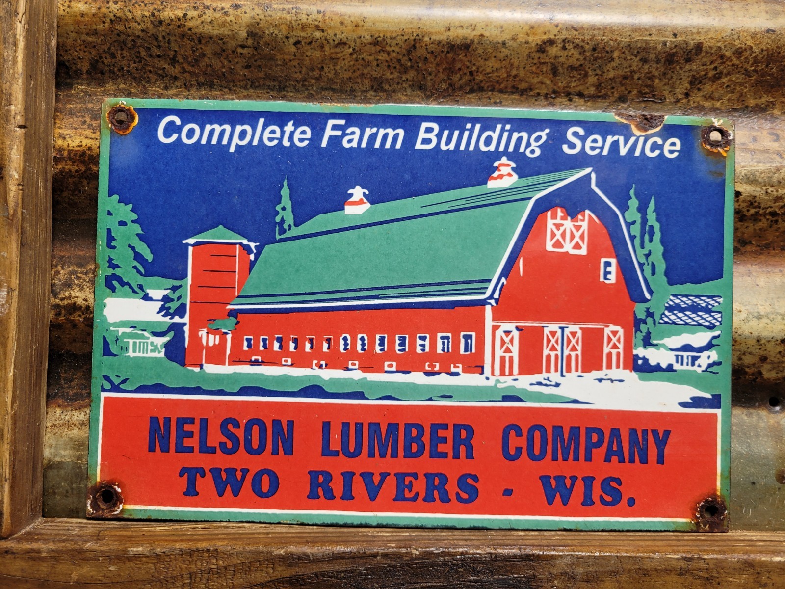 VINTAGE NELSON LUMBER PORCELAIN SIGN WISCONSIN WOOD FARM BARN TIMBER BUILDING VINTAGE NELSON LUMBER PORCELAIN SIGN WISCONSIN WOOD FARM BARN TIMBER BUILDING