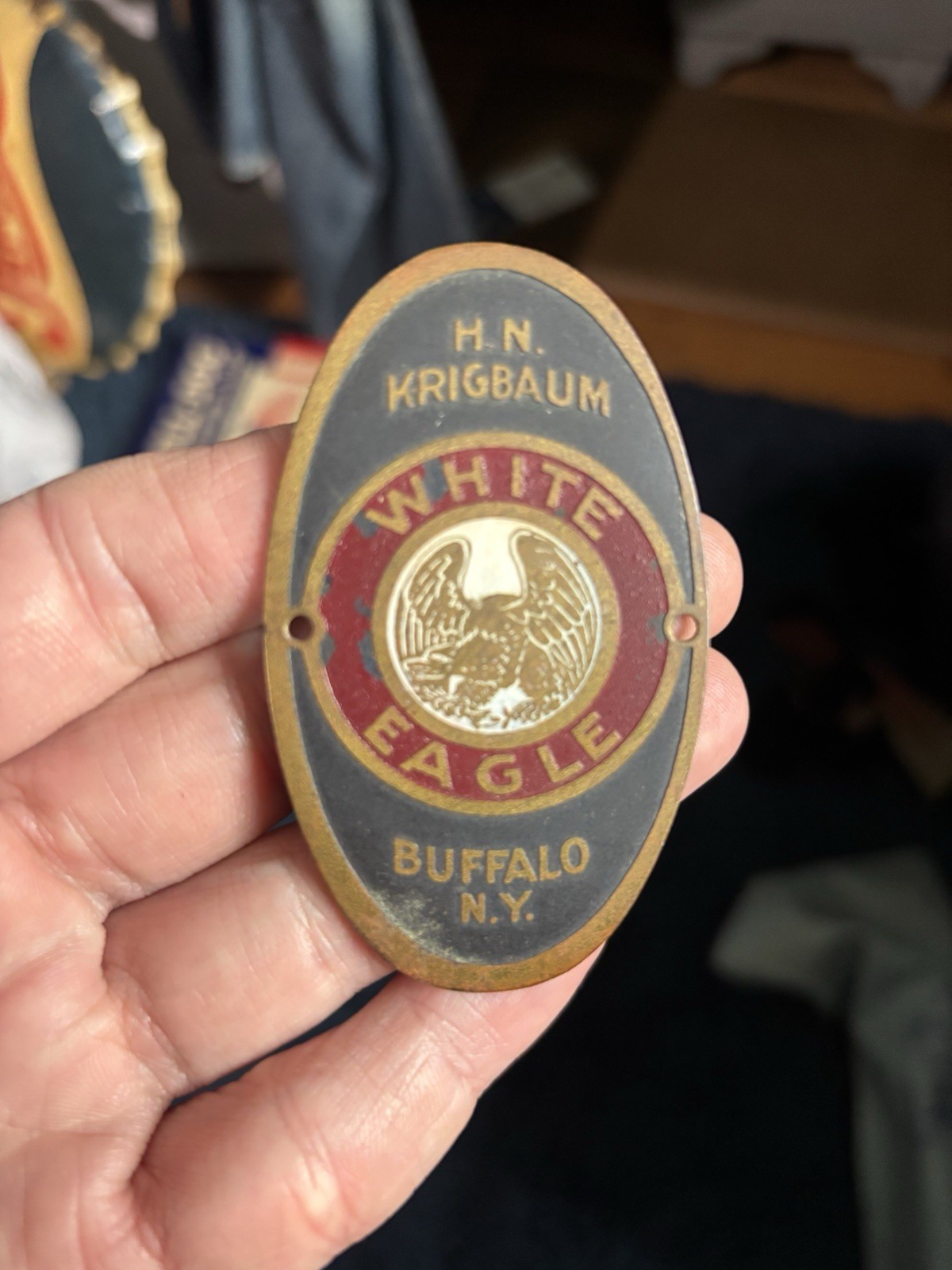 Vintage Original WHITE EAGLE H.N Krigbaum NY Bicycle Head Frame Badge Tag Emblem