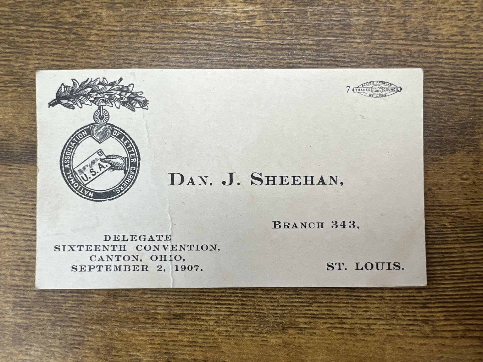 1907 NALC Delegate Card Canton Ohio St Louis Missouri Postal Worker Union USA 1907 NALC Delegate Card Canton Ohio St Louis Missouri Postal Worker Union USA