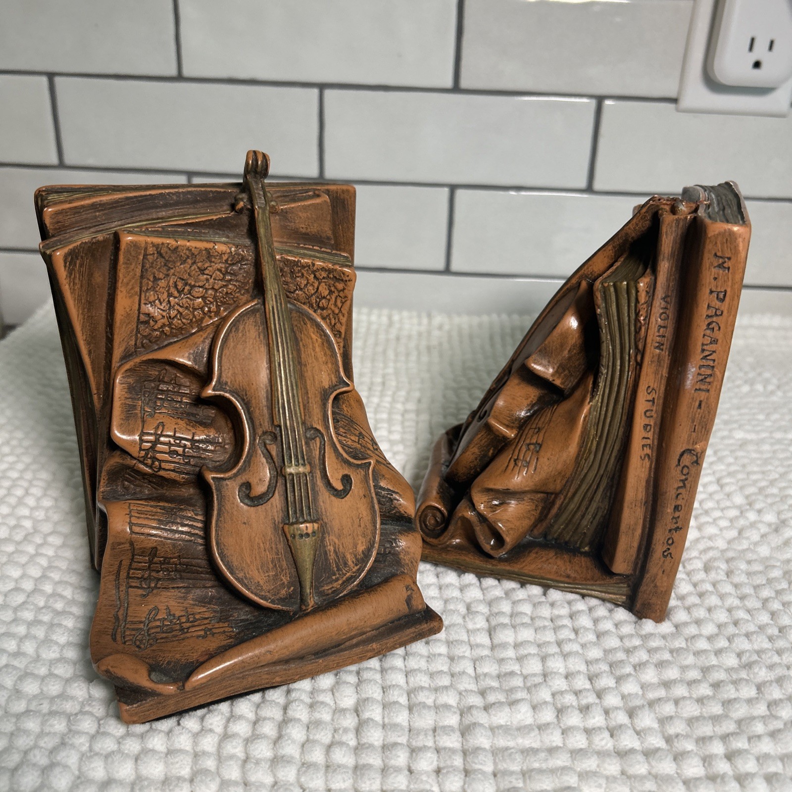 1964 Universal Statuary Corp Brown w Gold Gilding Bookends Paganini/Violin MCM 1964 Universal Statuary Corp Brown w Gold Gilding Bookends Paganini/Violin MCM