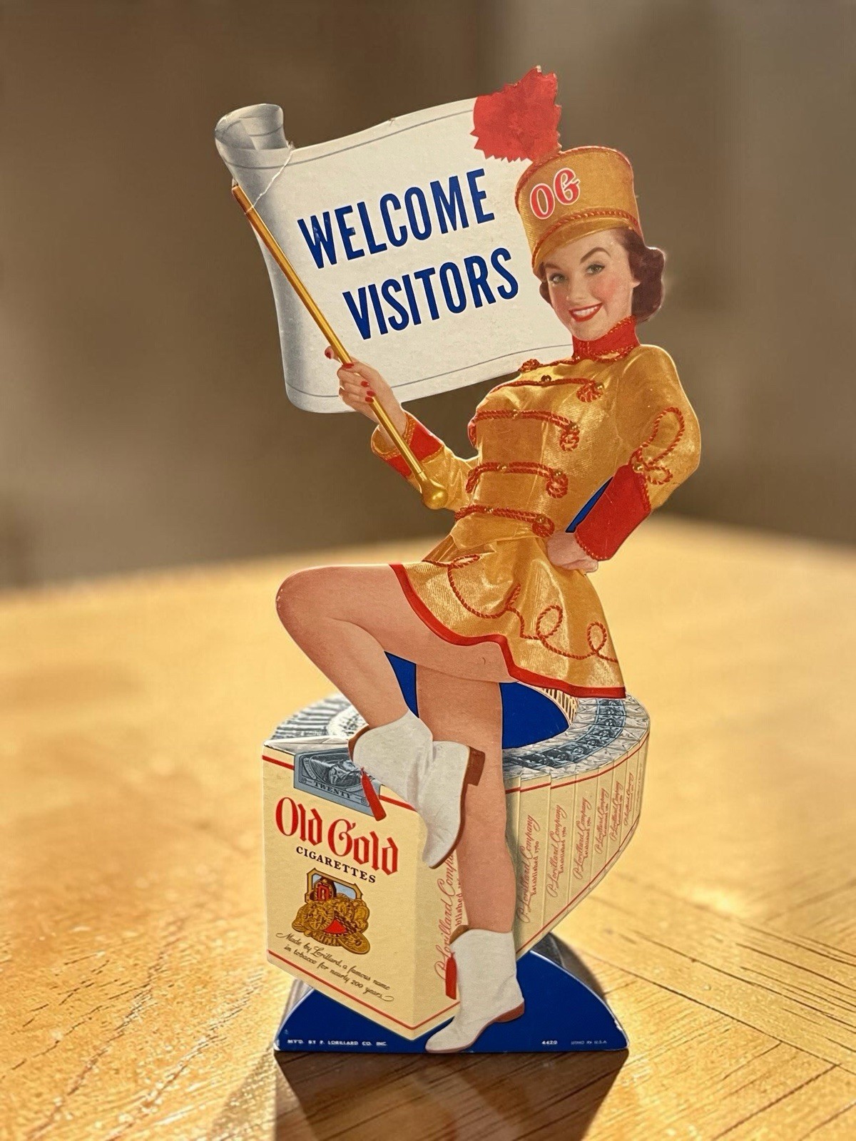 Vintage 1950s Old Gold Cigarettes Cardboard Counter Standee Sign 16" Majorette Vintage 1950s Old Gold Cigarettes Cardboard Counter Standee Sign 16" Majorette