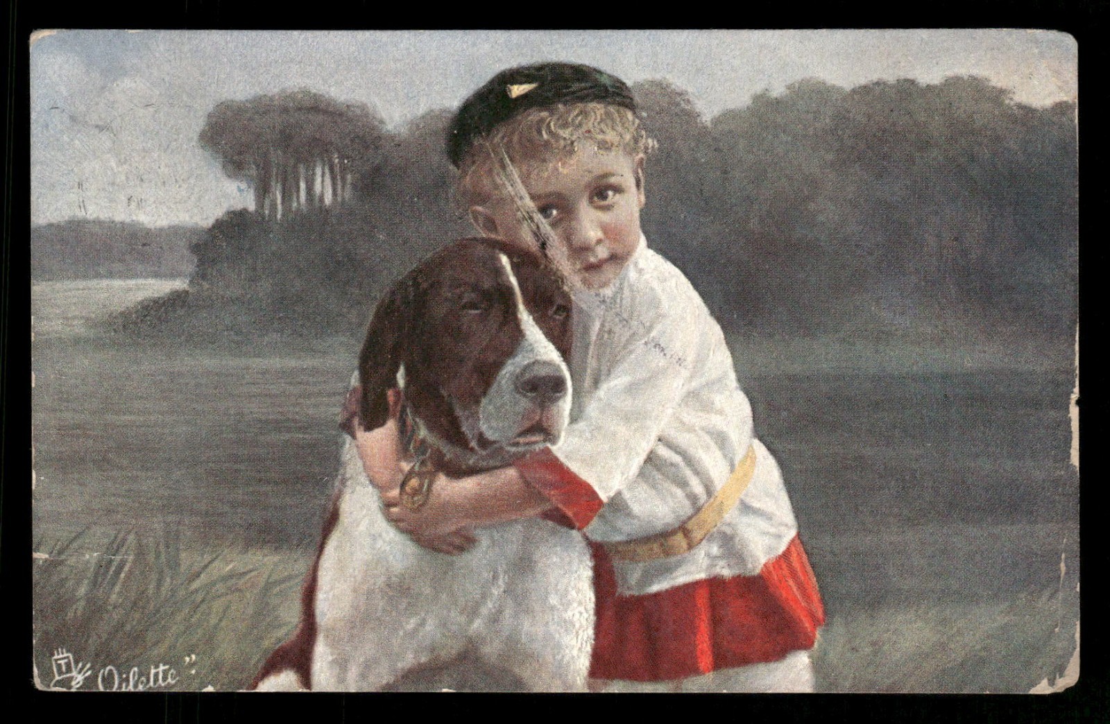 Postcard Boy Hugging Dog, Tuck We Two. Posted 1908 - Scratch on Face Postcard Boy Hugging Dog, Tuck We Two. Posted 1908 - Scratch on Face
