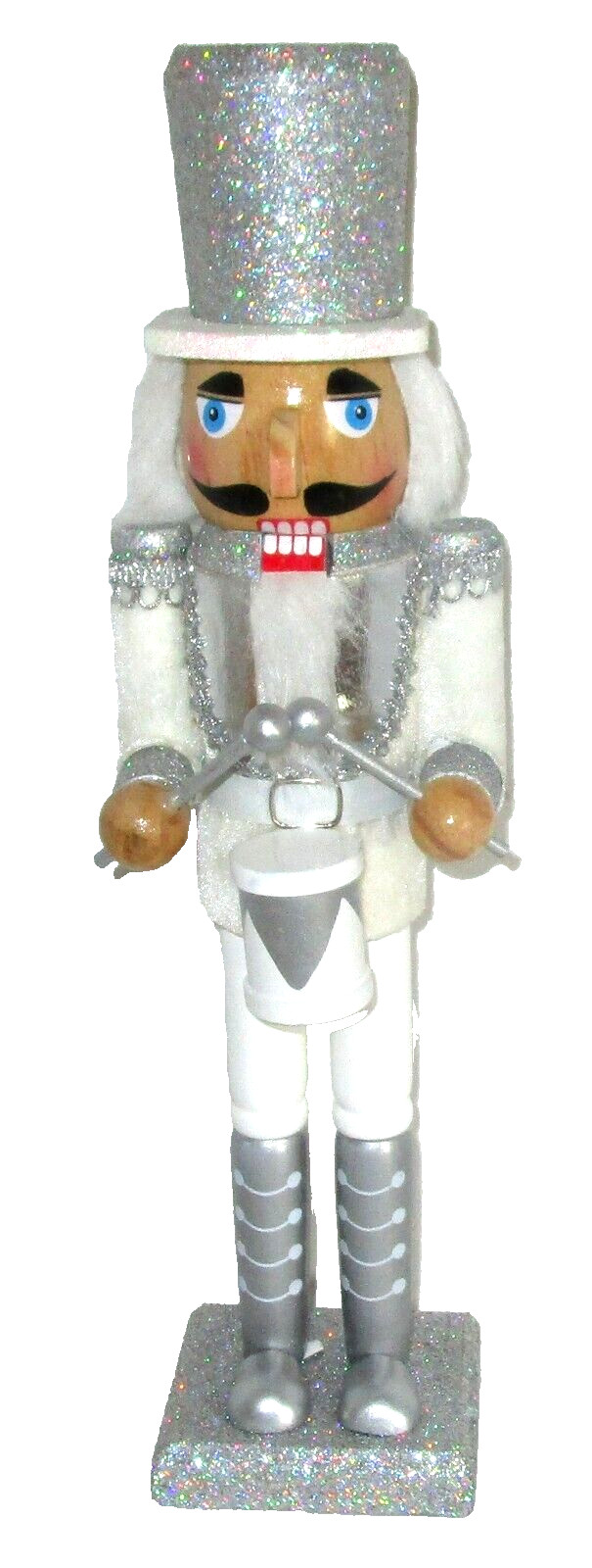 CHRISTMAS NUTCRACKER ~15"~ White & Silver Glitter Drummer Nutcracker