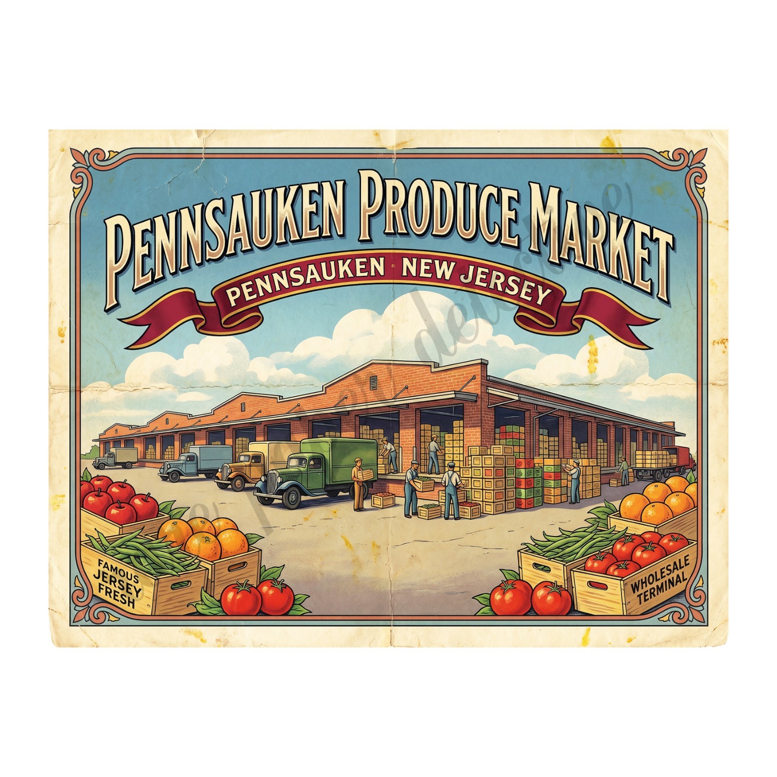 Pennsauken NJ Produce Market 1950s Retro Style Fruit Crate Label 8" x 10.5" Pennsauken NJ Produce Market 1950s Retro Style Fruit Crate Label 8" x 10.5"
