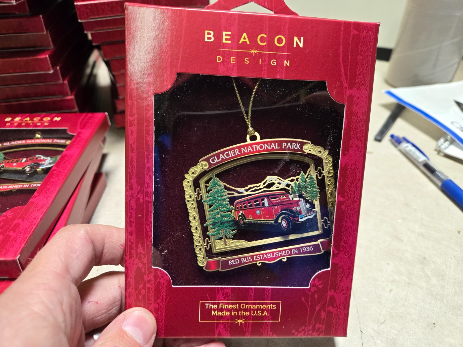 Beacon Design Glacier National Park Red Bus Christmas Tree Ornament