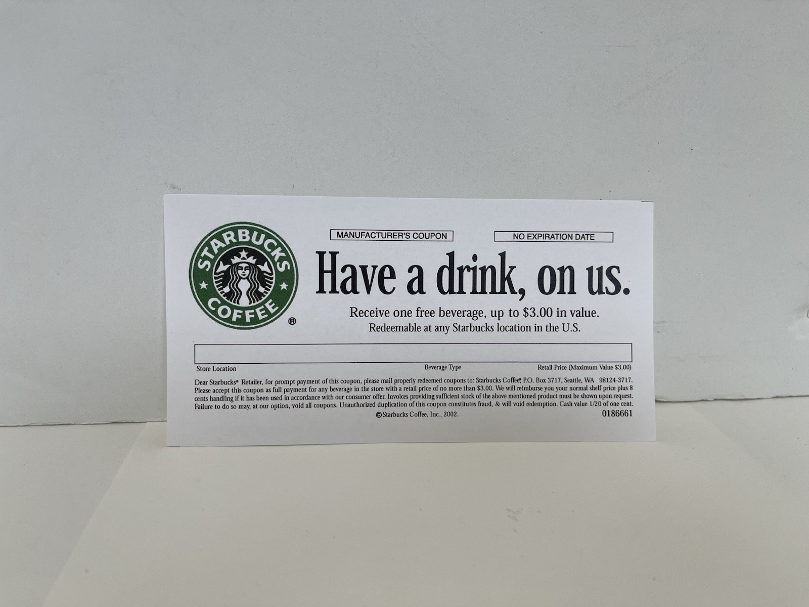 Vintage 2002 Starbucks Have A Free Drink On Us Paper Coupon OLD LOGO No Expiry Vintage 2002 Starbucks Have A Free Drink On Us Paper Coupon OLD LOGO No Expiry