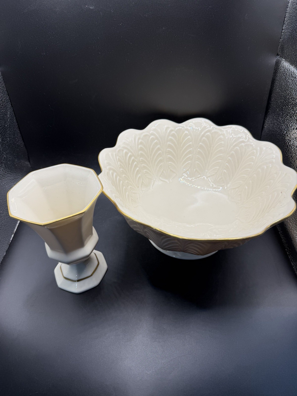 Lenox Fine Ivory China Gold Trim Bowl & Hexagonal Vase Set Lot of 2 USA Lenox Fine Ivory China Gold Trim Bowl & Hexagonal Vase Set Lot of 2 USA