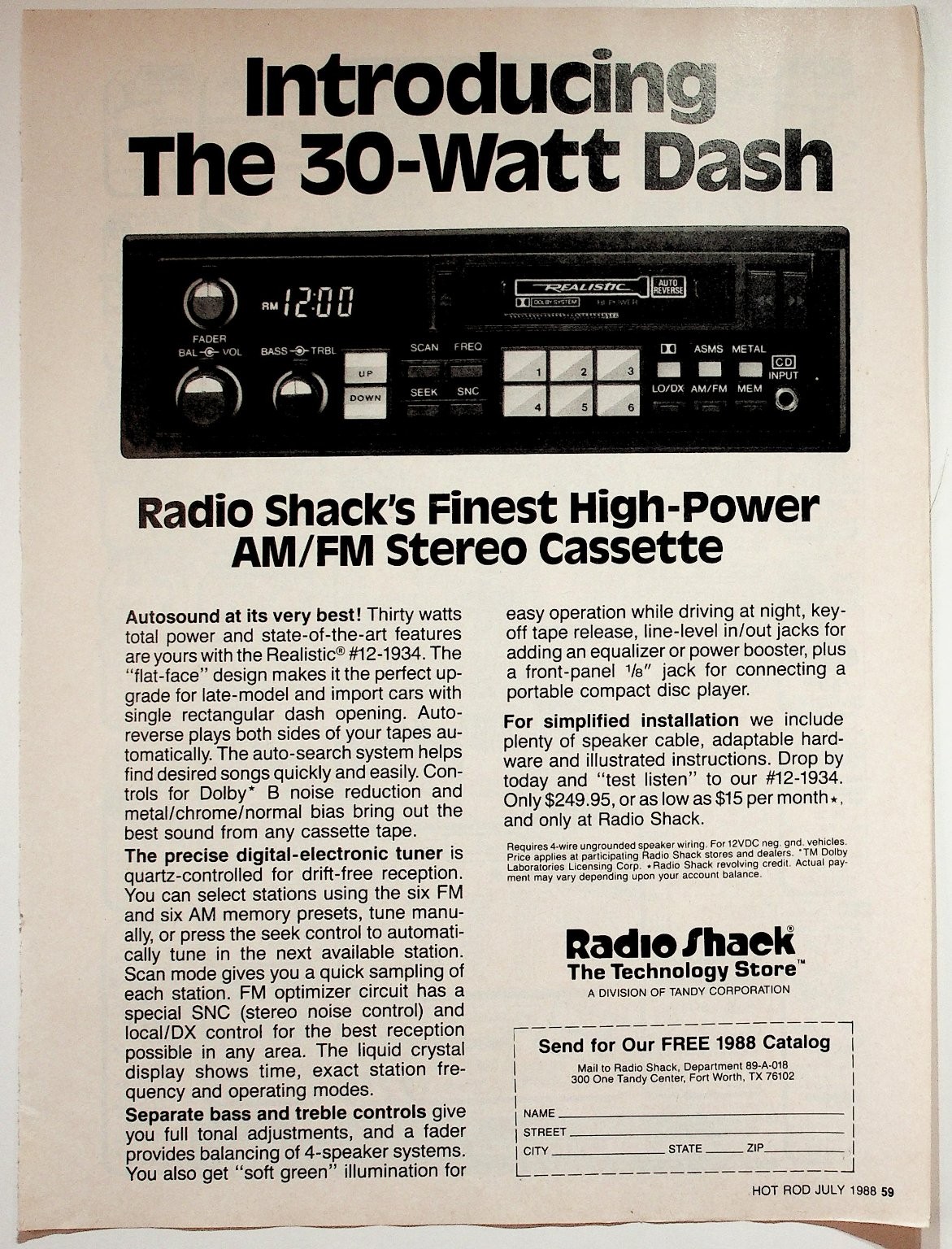 Radio Shack Realistic 30-Watt Dash AM/FM Stereo Cassette Ad 1988