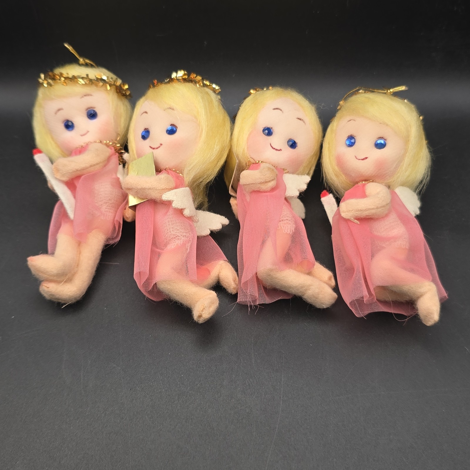 Vtg 4 Small Pixie Angel Hanging Ornament 50s Tinsel Halo Jeweled Eyes Pink ~4" Vtg 4 Small Pixie Angel Hanging Ornament 50s Tinsel Halo Jeweled Eyes Pink ~4"