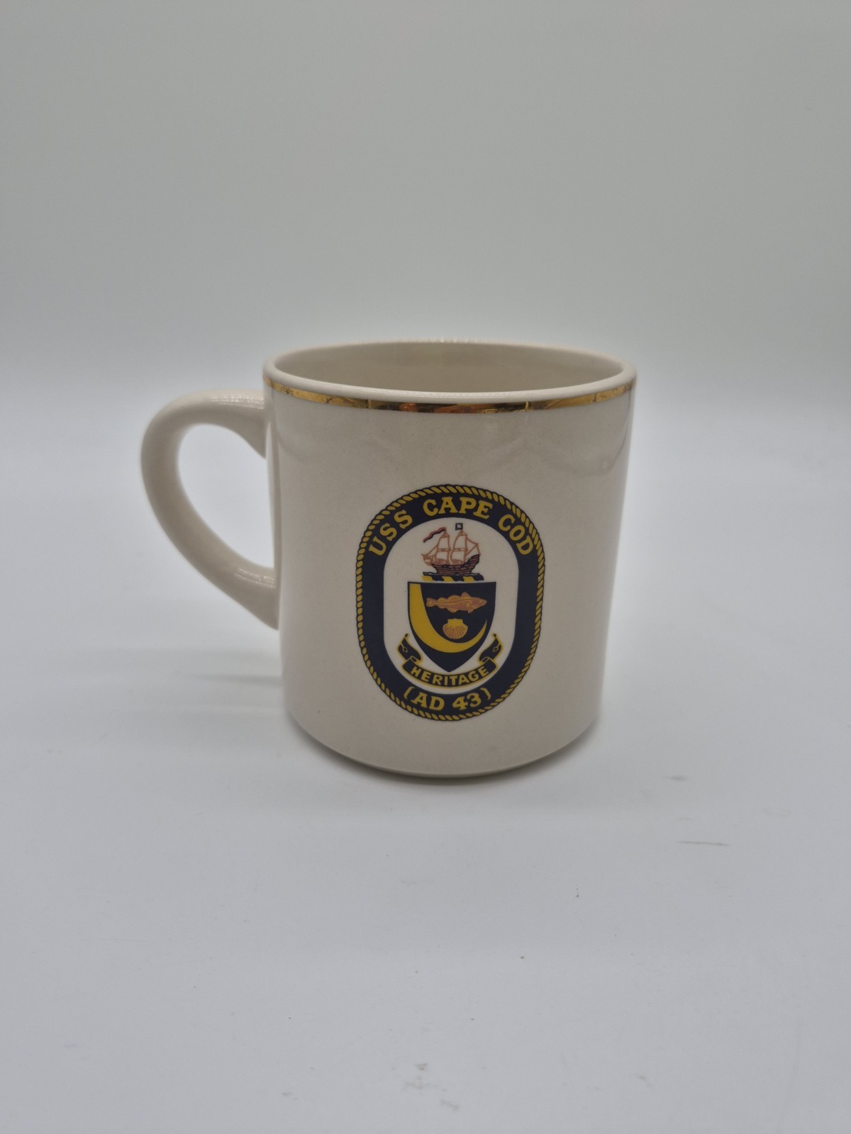 Vtg USS Cape Cod AD-43 US Navy Destroyer Tender Gold Rimmed Ceramic Mug Heritage Vtg USS Cape Cod AD-43 US Navy Destroyer Tender Gold Rimmed Ceramic Mug Heritage