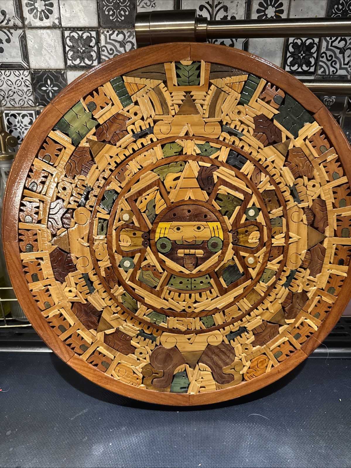 Vintage Aztec Mayan Wooden Wall Hanging Calendar Inlay Carved Art 16.5” Vintage Aztec Mayan Wooden Wall Hanging Calendar Inlay Carved Art 16.5”