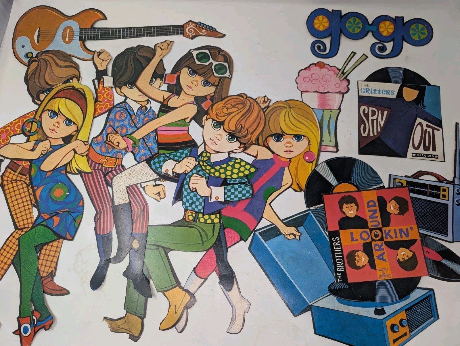 Vintage MCM 1960s Mod Hippie Go-Go Dancer Die Cut Decor Psychedelic Music 15pcs Vintage MCM 1960s Mod Hippie Go-Go Dancer Die Cut Decor Psychedelic Music 15pcs