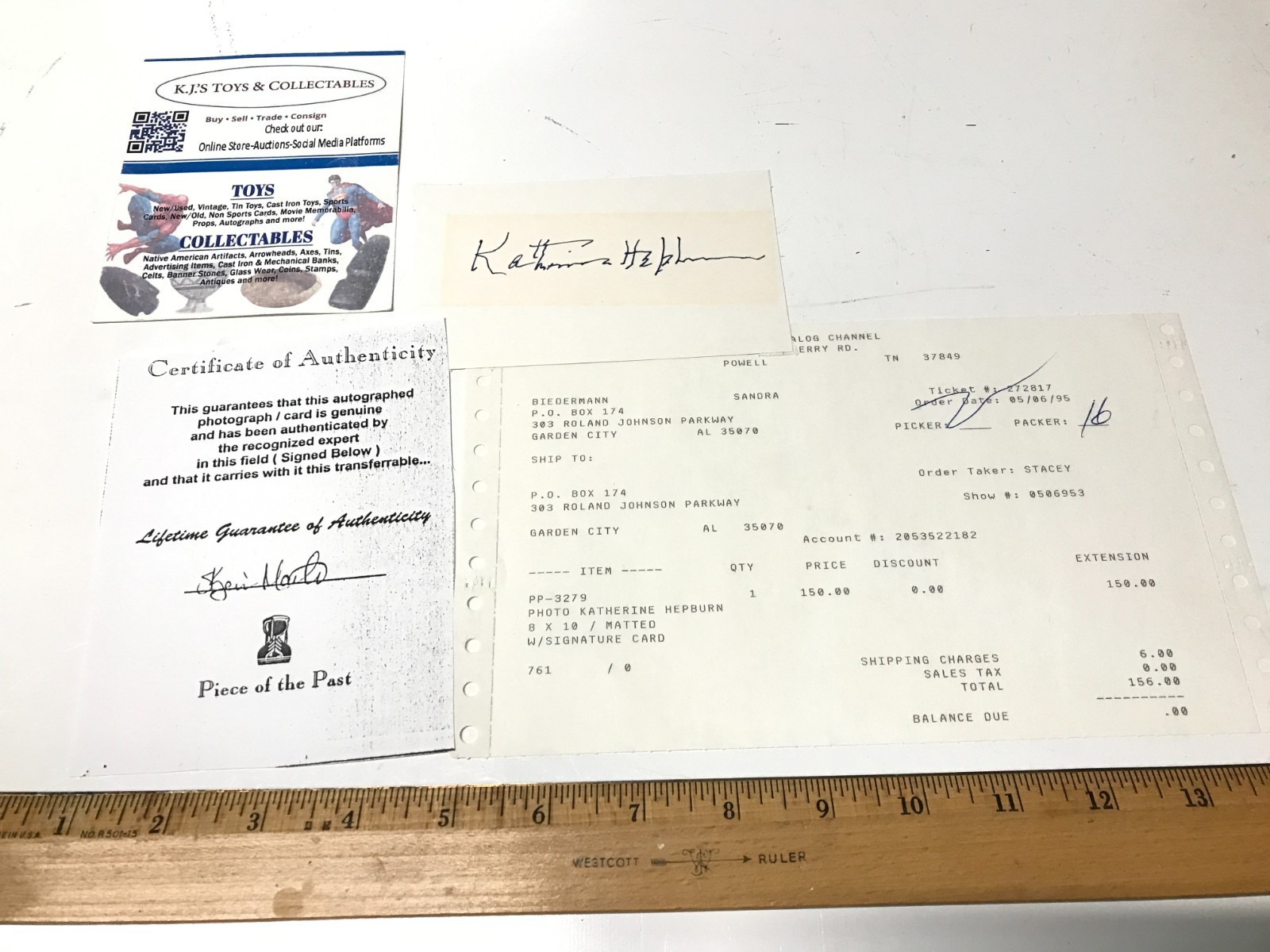 Authentic Katharine Hepburn Autograph Signed Original Index Card w/COA & Receipt