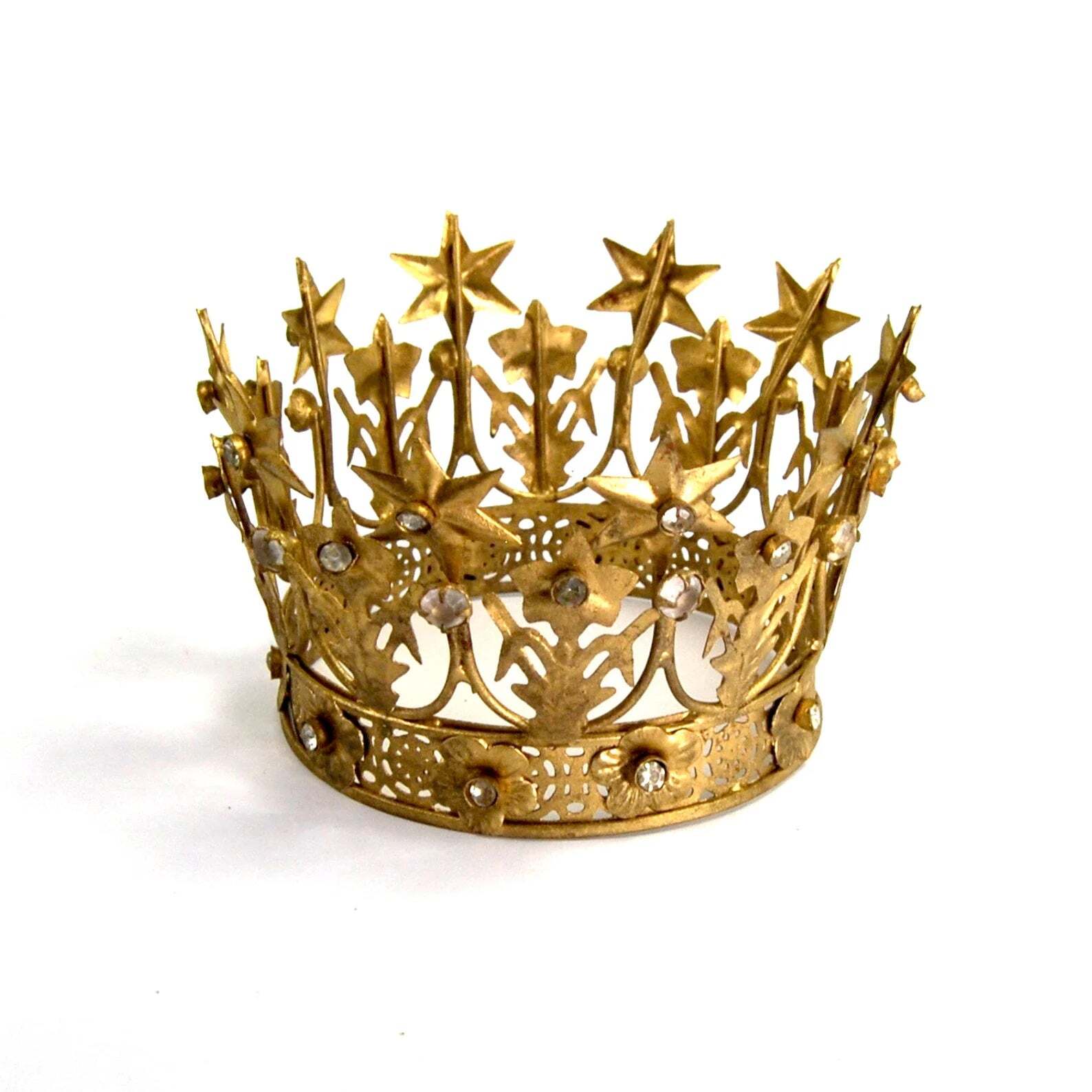 3" Santos Crown Antiqued Gold Rhinestone Star Lily Motif, Medium