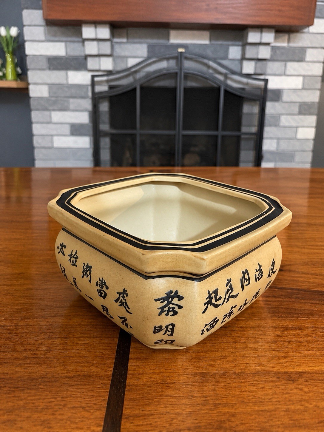 Vintage Hexagonal Chinese Ceramic Planter W/ Chinese Calligraphy 7x7 Inches 