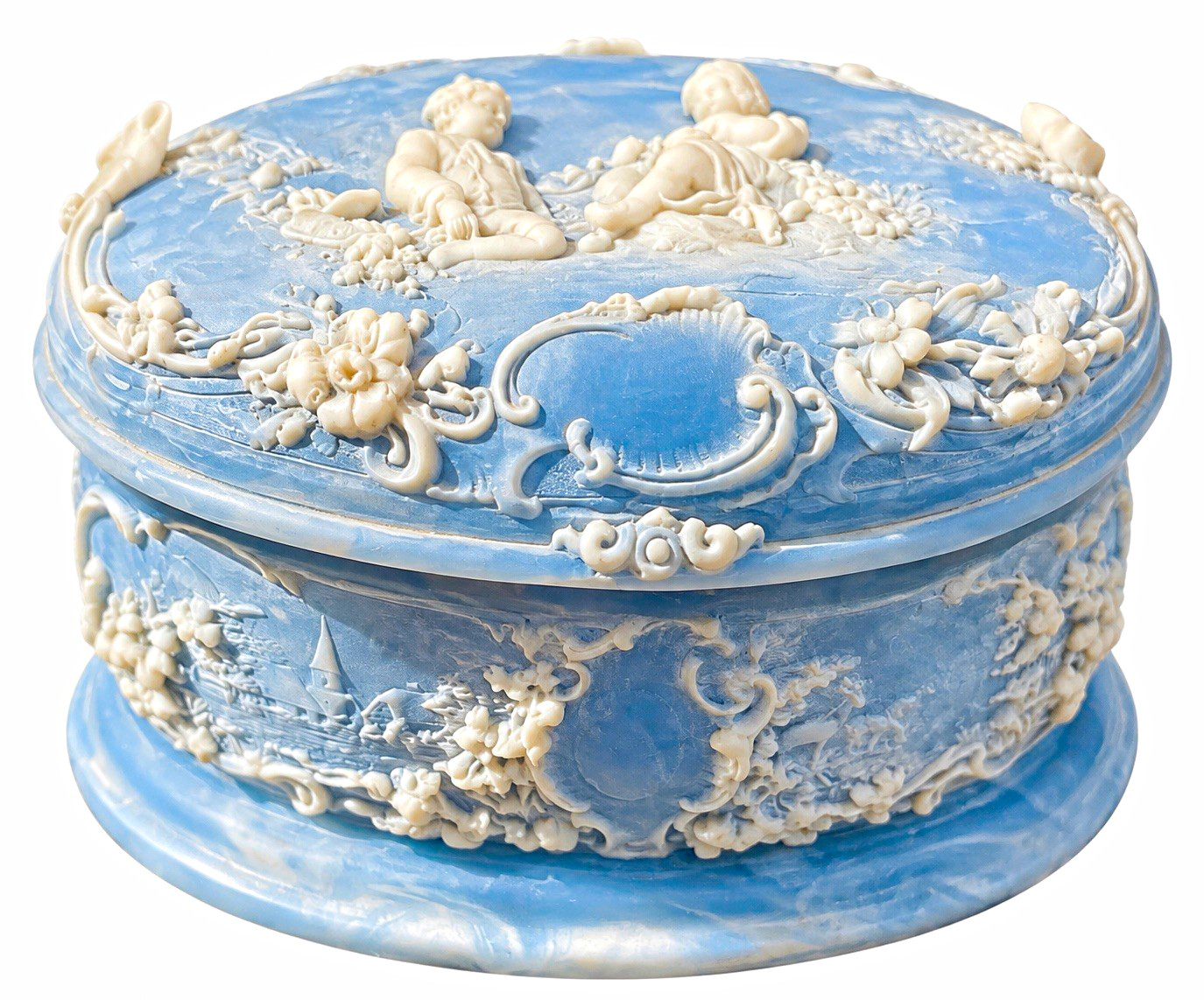 Vintage Incolay Stone Blue Cherub Jewelry Box w Original Literature USA Vintage Incolay Stone Blue Cherub Jewelry Box w Original Literature USA