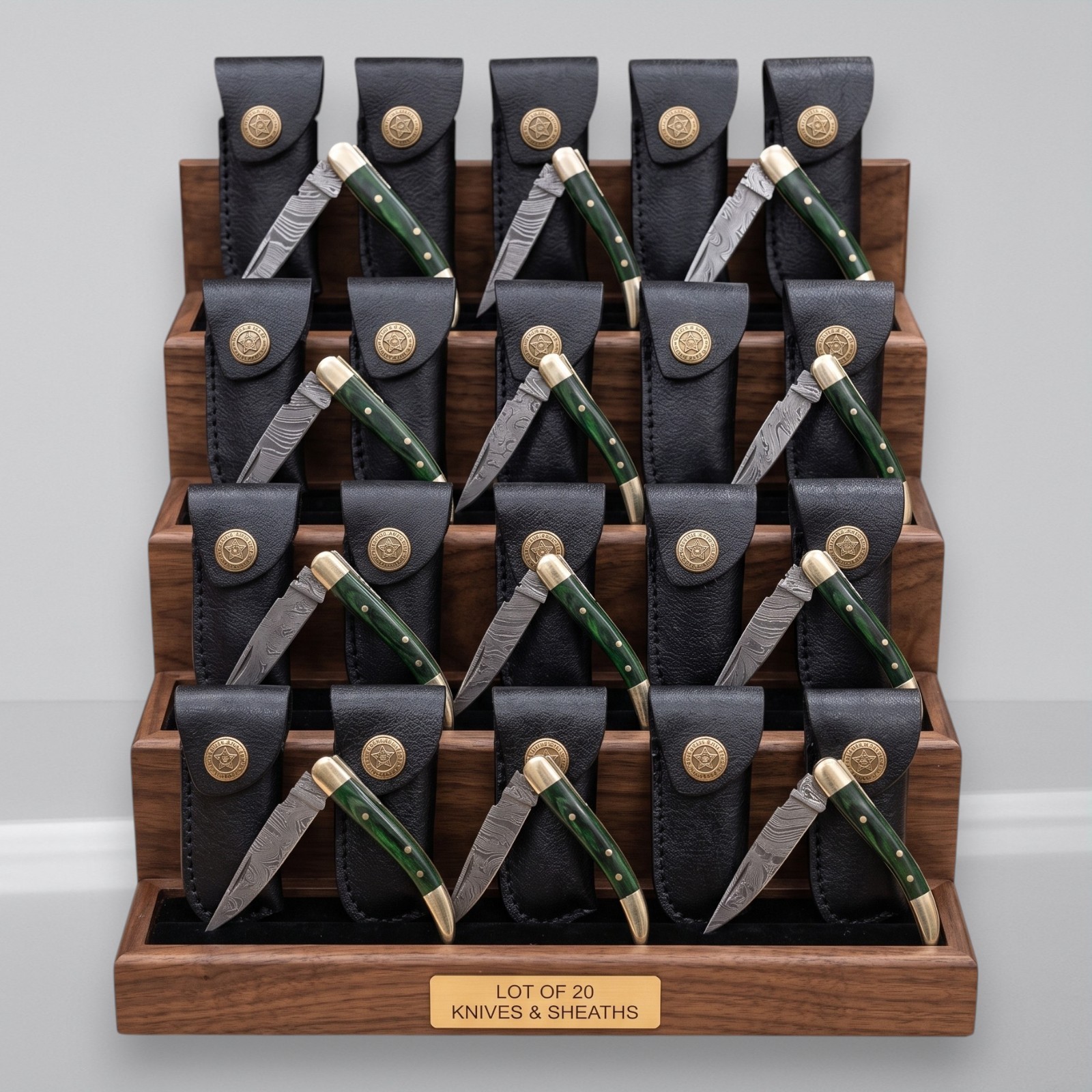 20pc Damascus Folding Knives Green Wood Brass Clip Point Pocketknife With Sheath 20pc Damascus Folding Knives Green Wood Brass Clip Point Pocketknife With Sheath
