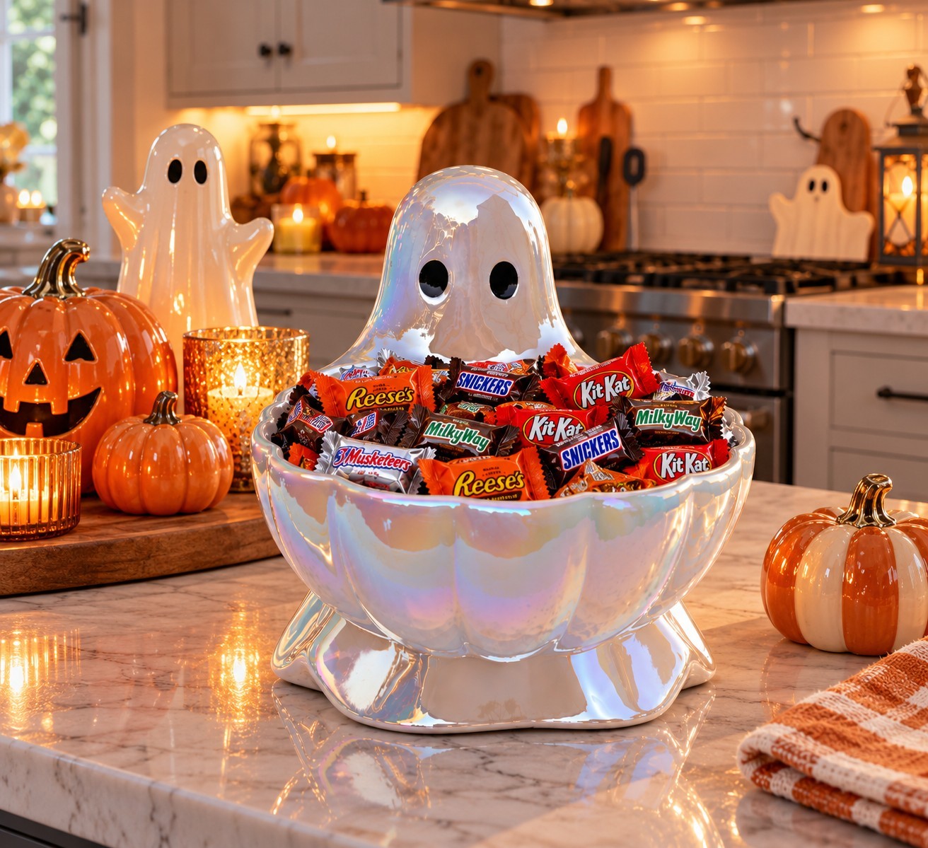 Halloween Ceramic Ghost Candy Bowl – Iridescent Pearl White Viral NWT