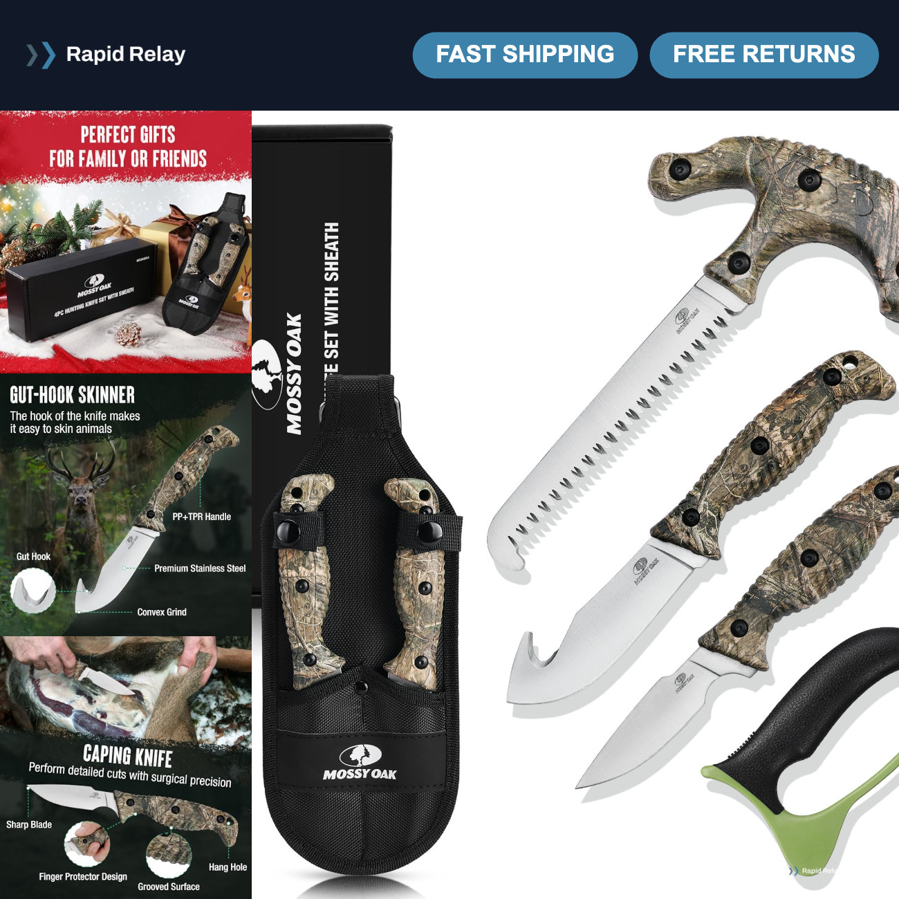 4PC Camouflage Hunting Knife Set with Sheath - Field Dressing Kit for Game Prep