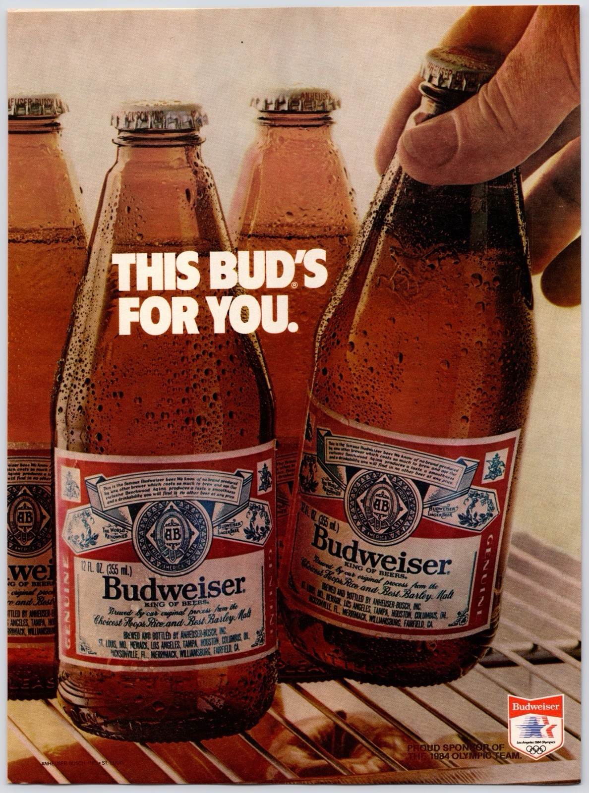 Budweiser c1980s Original Print Ad 1984 Olympics Stubby Beer Bottles Budweiser c1980s Original Print Ad 1984 Olympics Stubby Beer Bottles