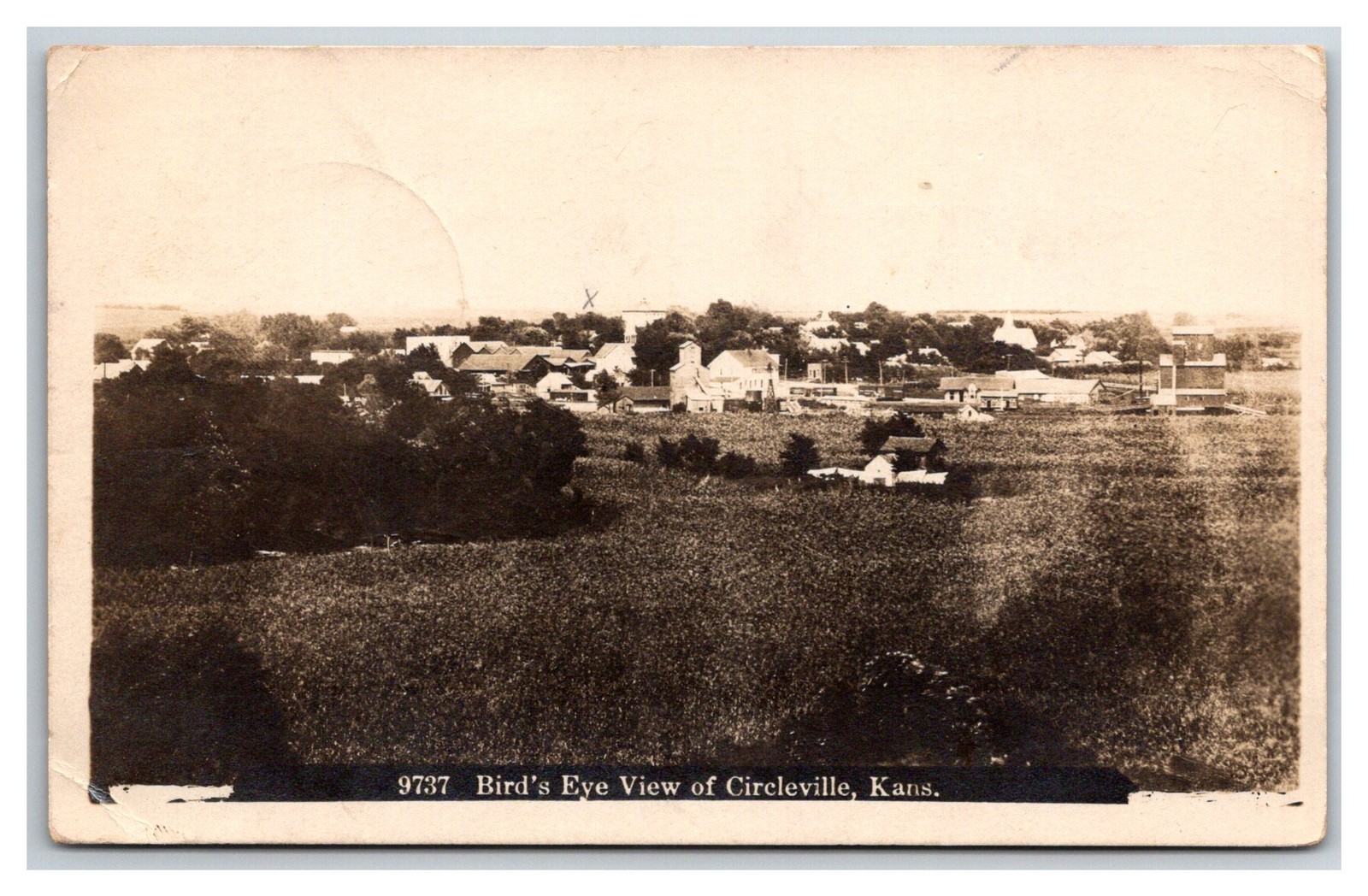 RPPC ~ Circleville KS ~ Birdseye View of town , grain elevator church RPPC ~ Circleville KS ~ Birdseye View of town , grain elevator church
