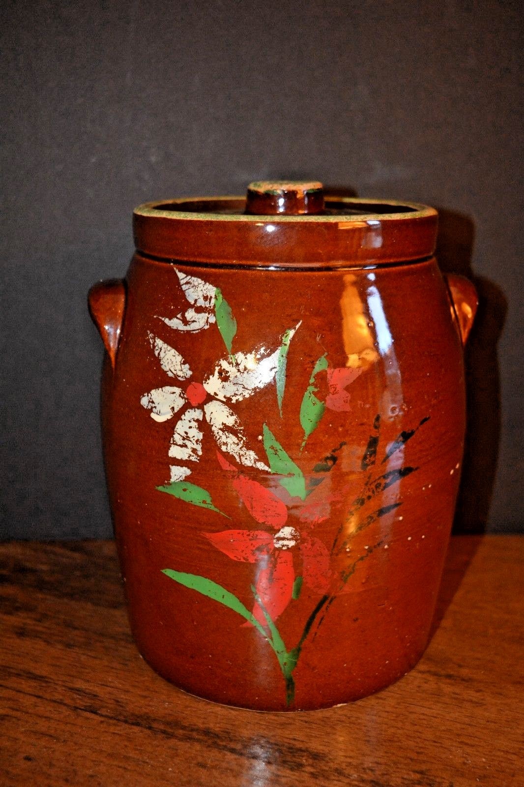 Antique Stoneware Cookie Jar Hand Painted USA Toll Painting Brown Glaze Antique Stoneware Cookie Jar Hand Painted USA Toll Painting Brown Glaze