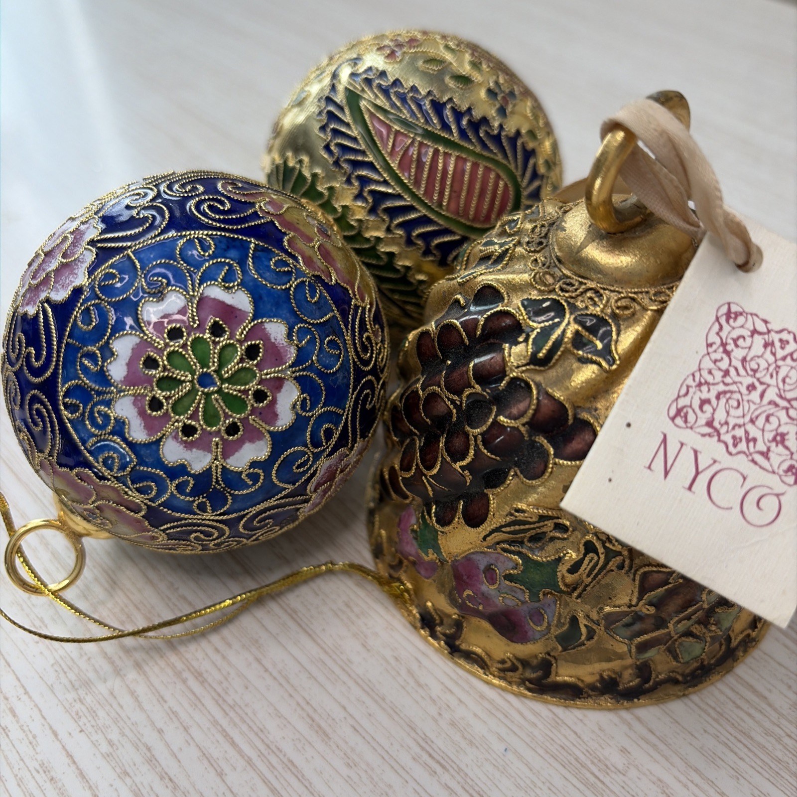 Rare Vintage Golden NYCO Cloisonné Bell And Ornament Set Enamel Art Christmas Rare Vintage Golden NYCO Cloisonné Bell And Ornament Set Enamel Art Christmas