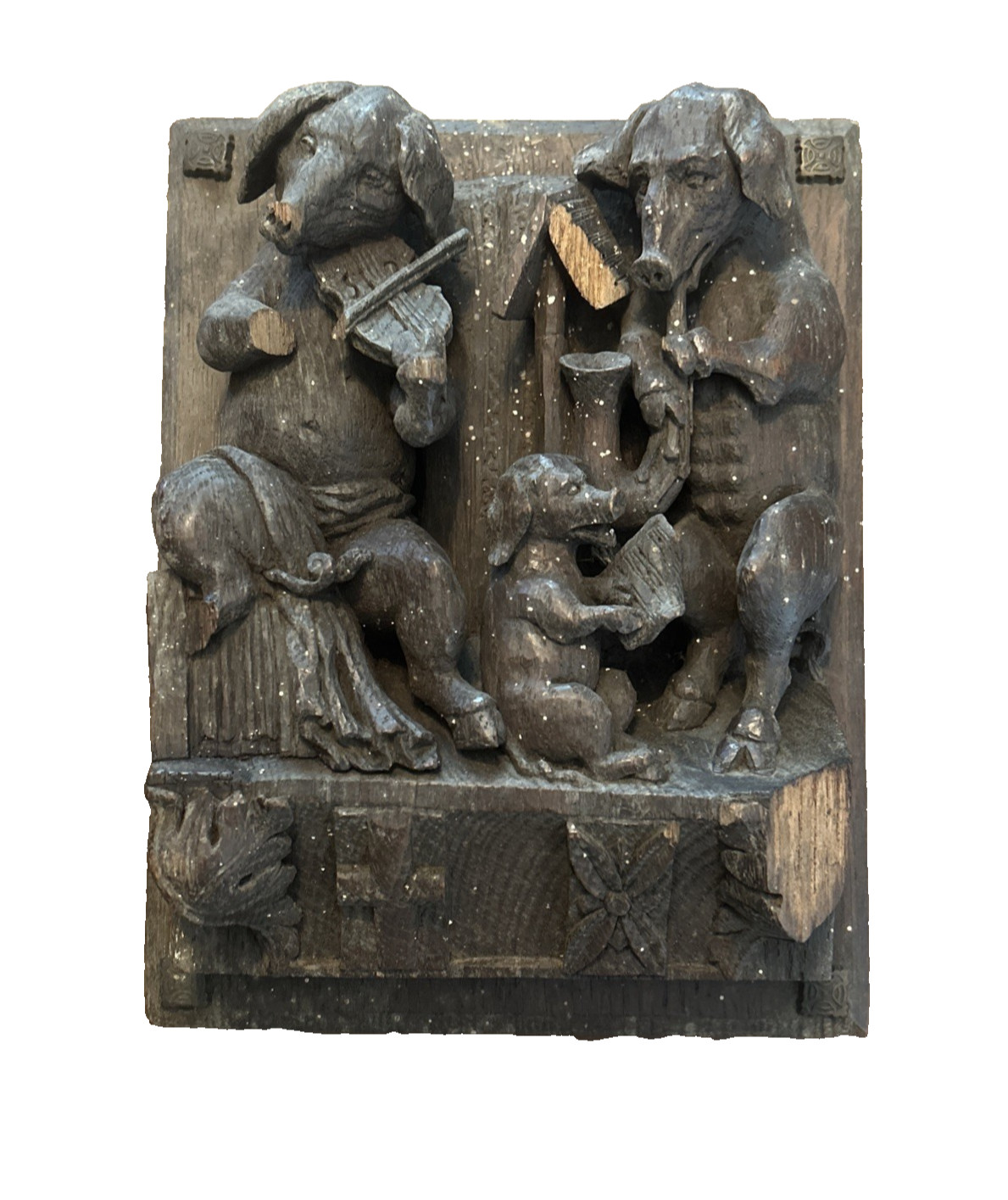 Antique Hand Carved Wood Misericord Plaque Medieval Musical Pigs Wall Relief 7x9 Antique Hand Carved Wood Misericord Plaque Medieval Musical Pigs Wall Relief 7x9