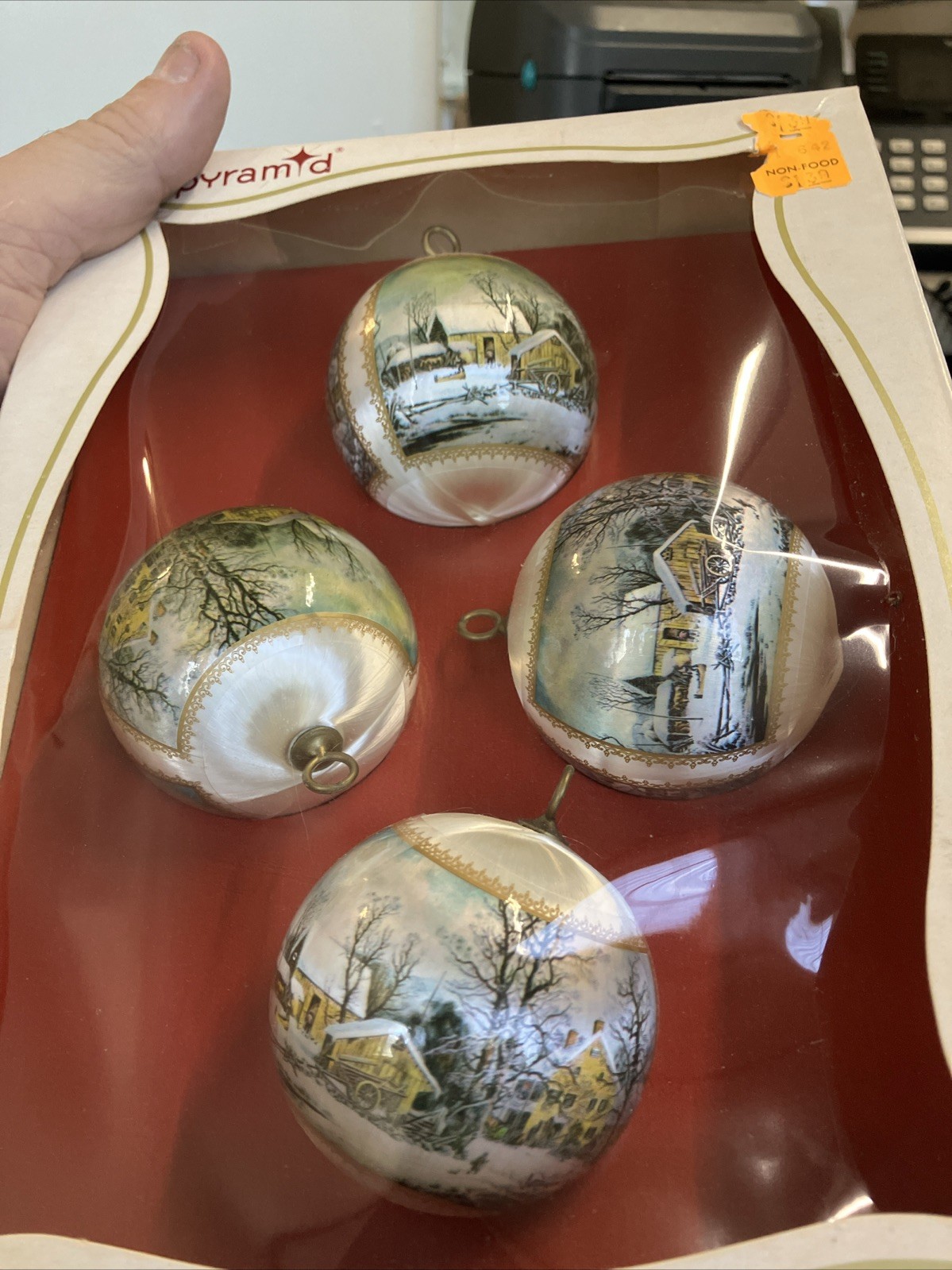 Box Of 4 Vtg Pyramid Christmas Ornaments Thread Satin Silk Winter Scene Holiday Box Of 4 Vtg Pyramid Christmas Ornaments Thread Satin Silk Winter Scene Holiday