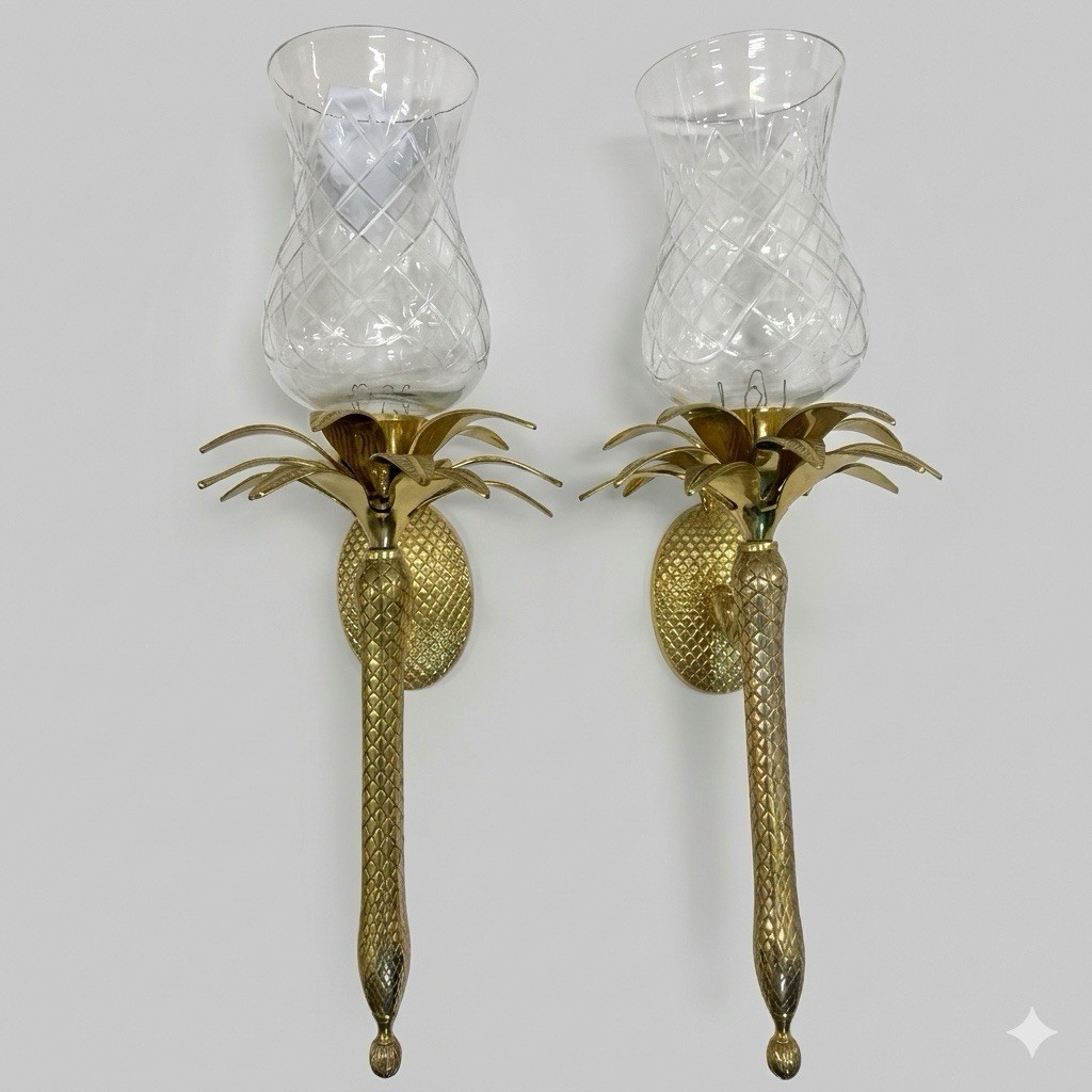Vintage Pair Solid Brass Pineapple Candle Wall Sconces 24" with Original Globes