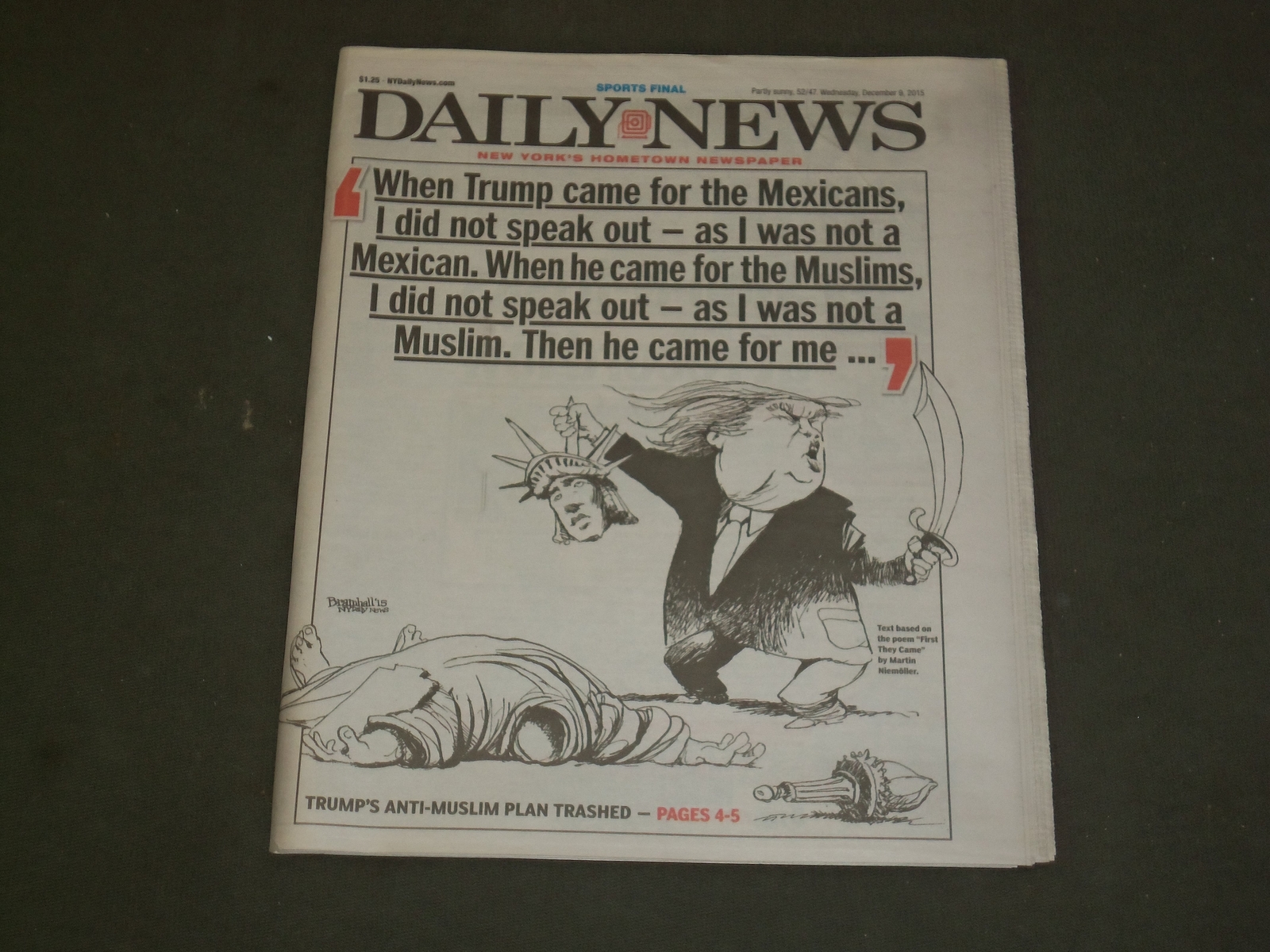 2015 DECEMBER 9 NEW YORK DAILY NEWS - TRUMP'S CALL TO BAN MUSLIMS 2015 DECEMBER 9 NEW YORK DAILY NEWS - TRUMP'S CALL TO BAN MUSLIMS