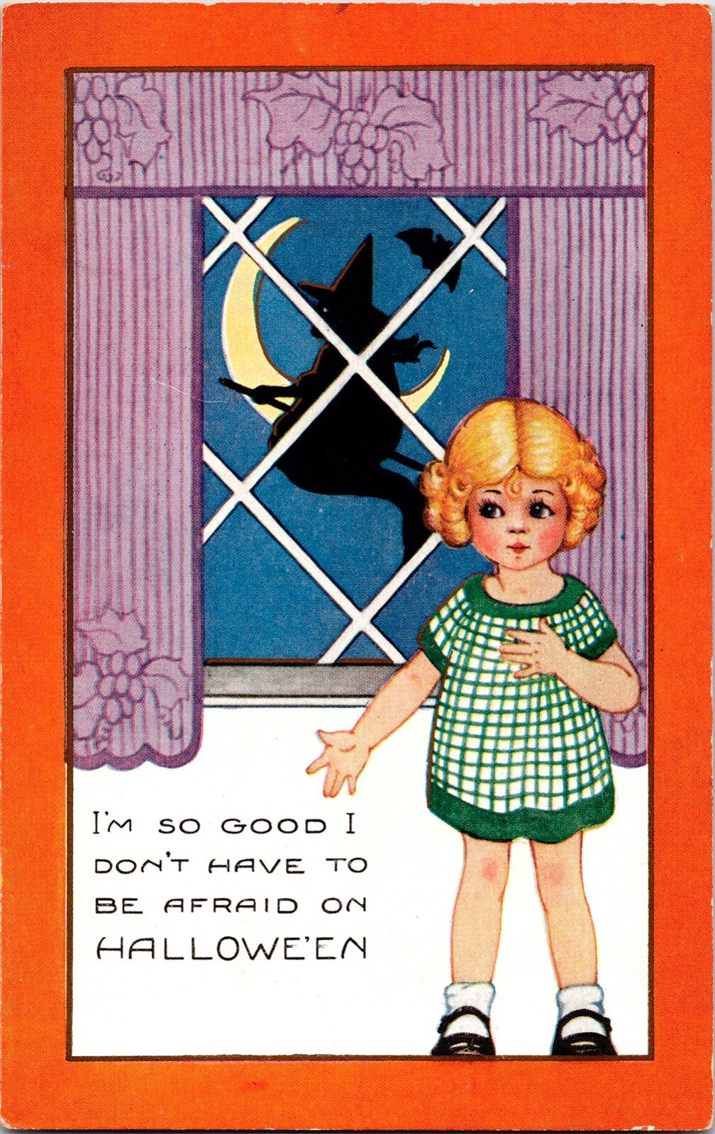 Vintage Whitney Adorable Little Girl, Flying Witch,Bat & Moon Halloween Postcard Vintage Whitney Adorable Little Girl, Flying Witch,Bat & Moon Halloween Postcard
