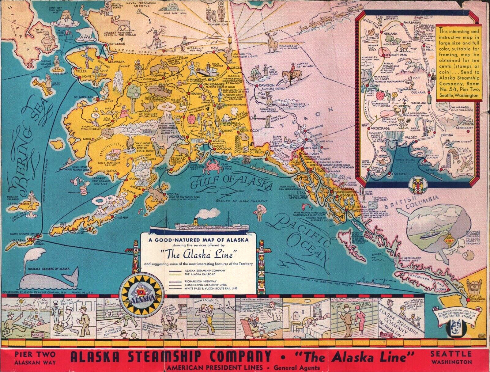 1934 THE ALASKA LINE cruise ship company A GOOD-NATURED MAP OF ALASKA: 8"x 10.5" 1934 THE ALASKA LINE cruise ship company A GOOD-NATURED MAP OF ALASKA: 8"x 10.5"