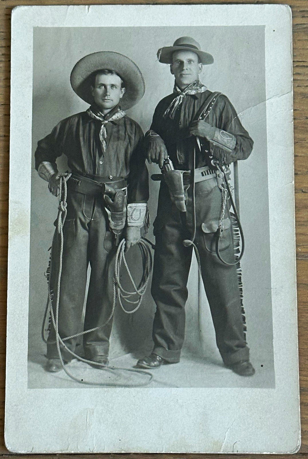 1910s RPPC Cowboys Studio Portrait Revolvers Holsters Lasso Chaps AZO Unposted 1910s RPPC Cowboys Studio Portrait Revolvers Holsters Lasso Chaps AZO Unposted