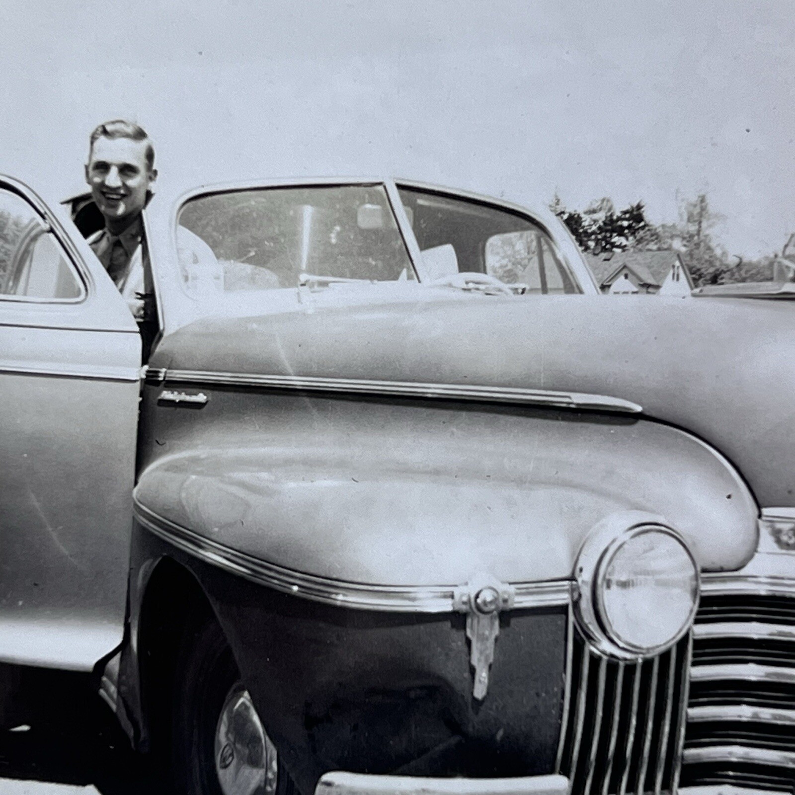 Vintage B&W Snapshot Photograph Beautiful Car Handsome Young Man Ready For Drive