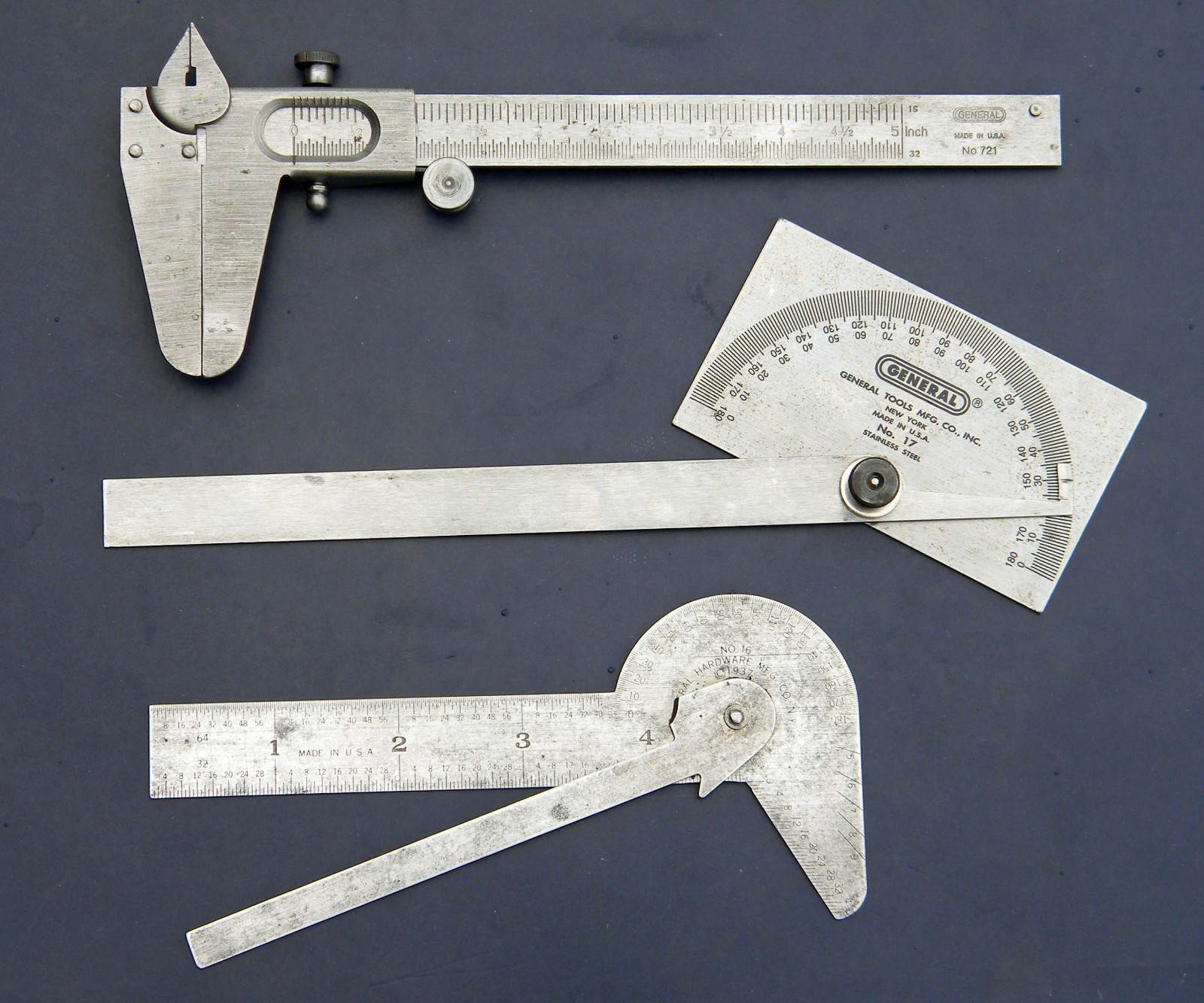 Vtg General Hardware #16, #17 Protractors, Vernier Caliper Tool #721 3PC Lot
