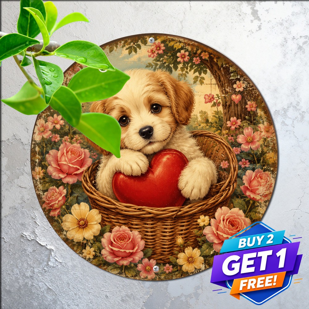 Romantic Valentine Puppy Basket Flower Round Metal Sign Cute Holiday Tin Plaque Romantic Valentine Puppy Basket Flower Round Metal Sign Cute Holiday Tin Plaque