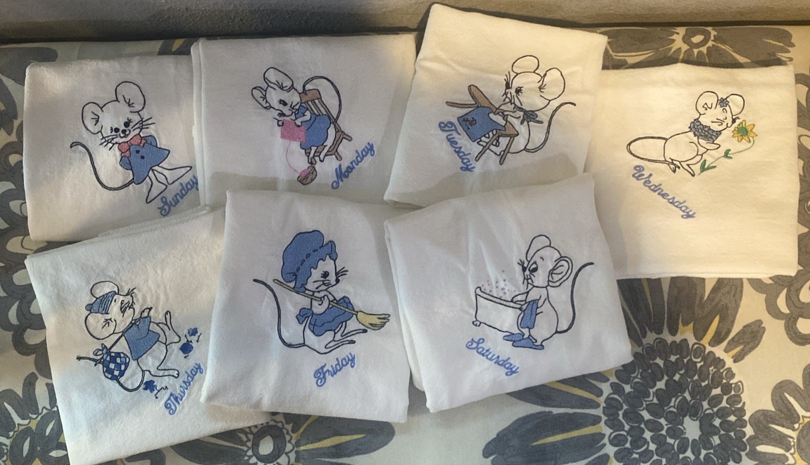 Vintage Hand Embroidered Mice Days Of The Week Flour Dish Towels Vintage Hand Embroidered Mice Days Of The Week Flour Dish Towels