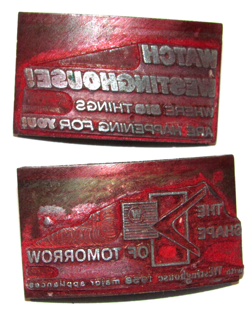 2 VTG 1958 WESTINGHOUSE PRINTING PLATES THE SHAPE OF TOMORROW/MAJOR APPLIANCES 2 VTG 1958 WESTINGHOUSE PRINTING PLATES THE SHAPE OF TOMORROW/MAJOR APPLIANCES