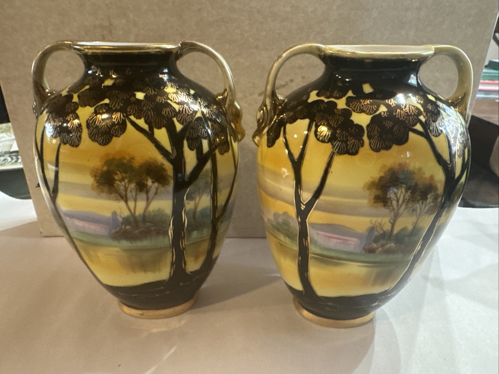 2 Vint. Nippon Moriage Porcelain Vase Hd/Ptd Outdoor Scene Gold Gilt As-Found 2 Vint. Nippon Moriage Porcelain Vase Hd/Ptd Outdoor Scene Gold Gilt As-Found