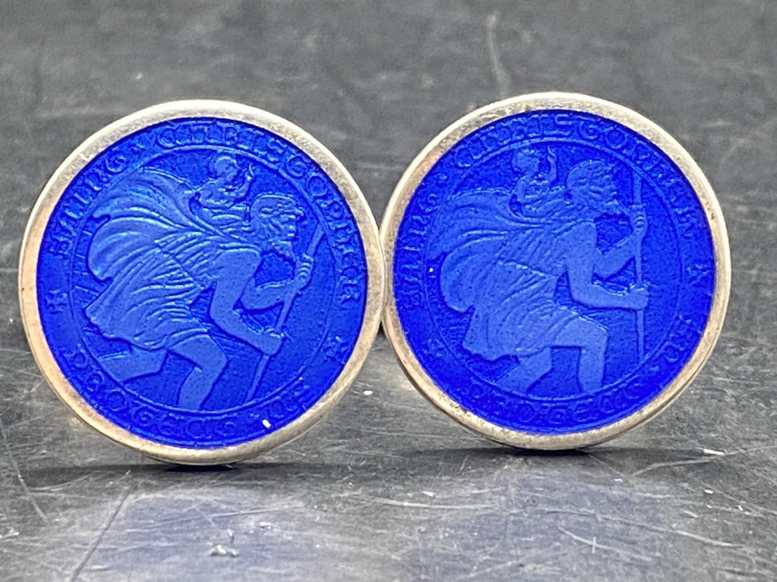 VINTAGE STERLING SILVER BLUE GUILLOCHE ENAMEL SAINT CHRISTOPHER MEDAL Cufflinks VINTAGE STERLING SILVER BLUE GUILLOCHE ENAMEL SAINT CHRISTOPHER MEDAL Cufflinks