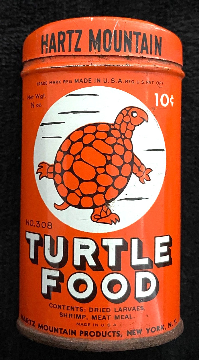1950's TURTLE FOOD Vintage ORANGE oval TIN 10 cent, w/ Turtle PICTURE Hartz NY 1950's TURTLE FOOD Vintage ORANGE oval TIN 10 cent, w/ Turtle PICTURE Hartz NY