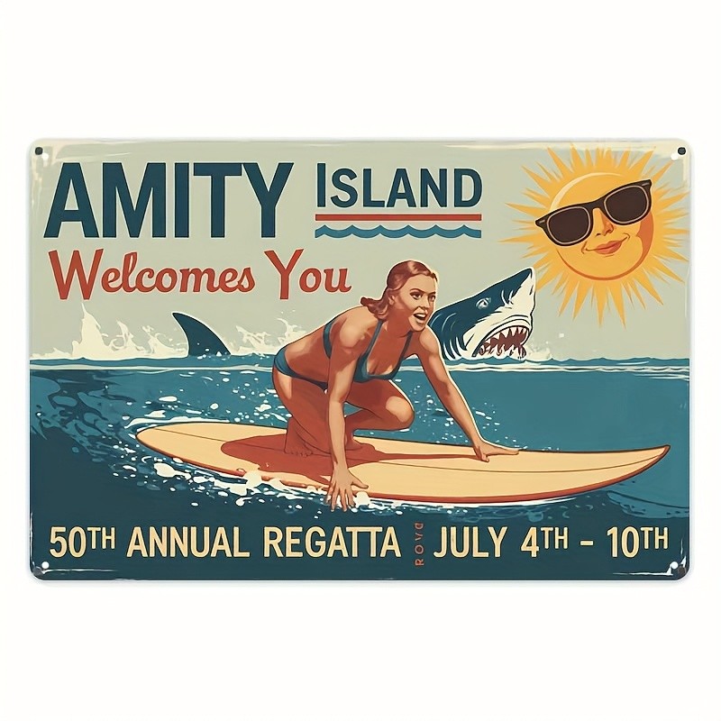 Vintage Metal Tin Sign "Amity Island Welcomes You" Wall Decor 12x8 Inch - Re Vintage Metal Tin Sign "Amity Island Welcomes You" Wall Decor 12x8 Inch - Re