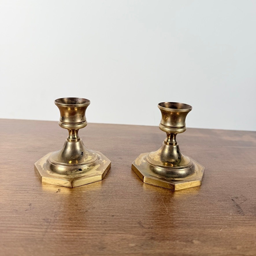 Vintage Brass Hexagon Base Petite Candlestick Holders Pair 3"
