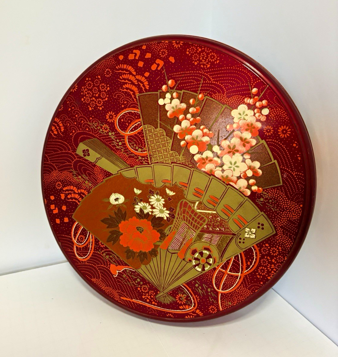 Vintage Japanese Lacquerware Round Lidded Box Floral Fan 11" Made in Japan