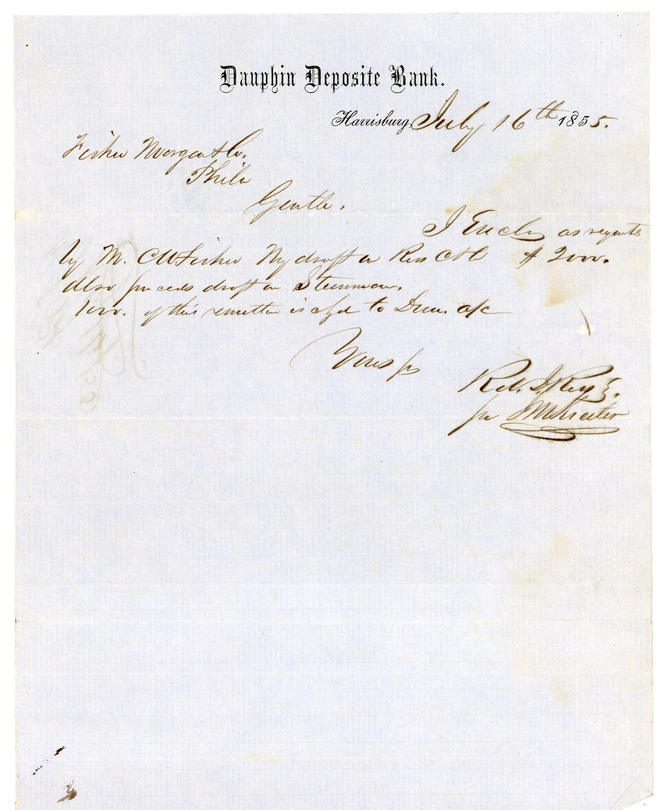 1855 Bank Letter Dauphin Deposit Harrisburg PA Draft to Philadelphia Ephemera