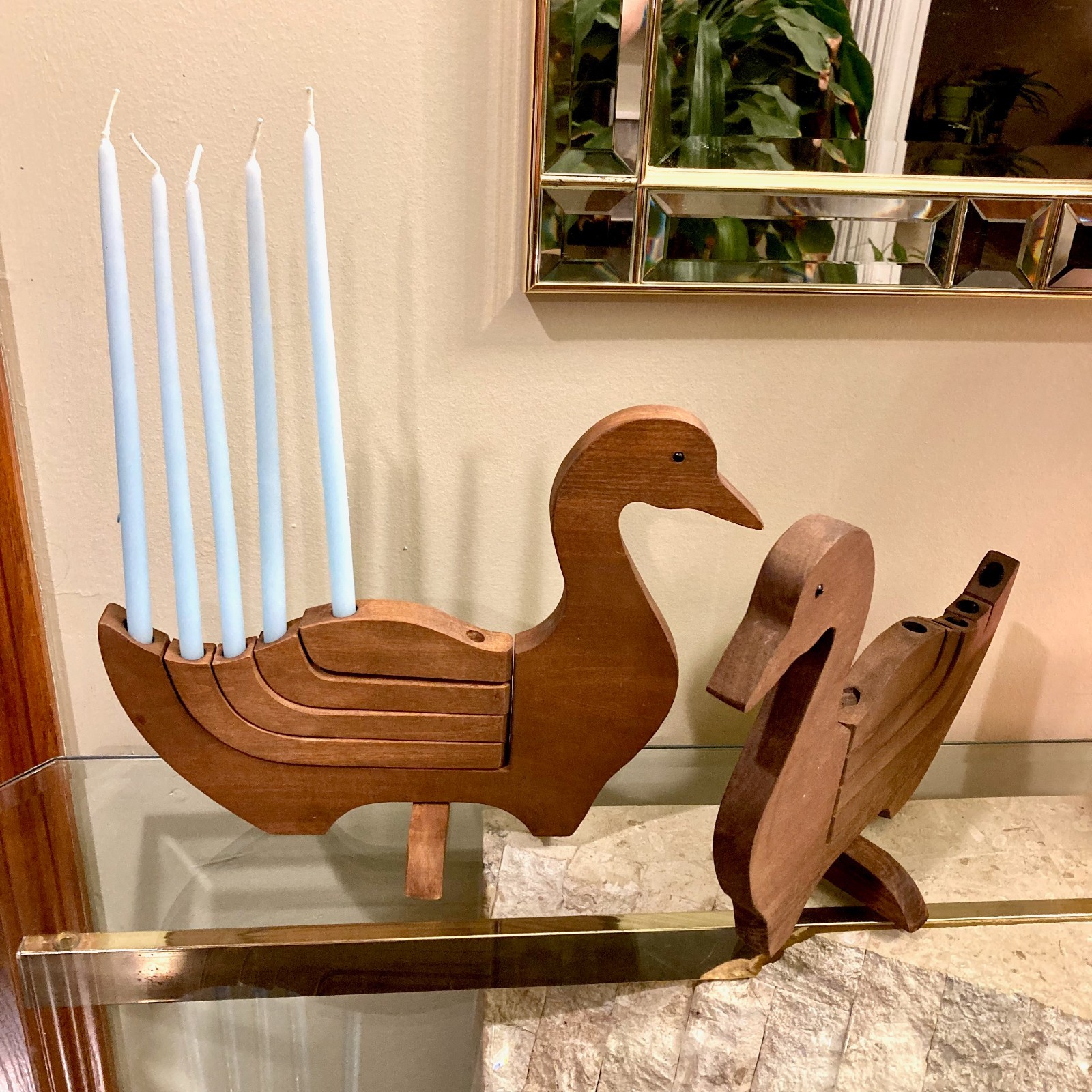 Vtg Pair Wooden Swan Candle Holder Folding MCM Style Danish Modern Candelabra Vtg Pair Wooden Swan Candle Holder Folding MCM Style Danish Modern Candelabra